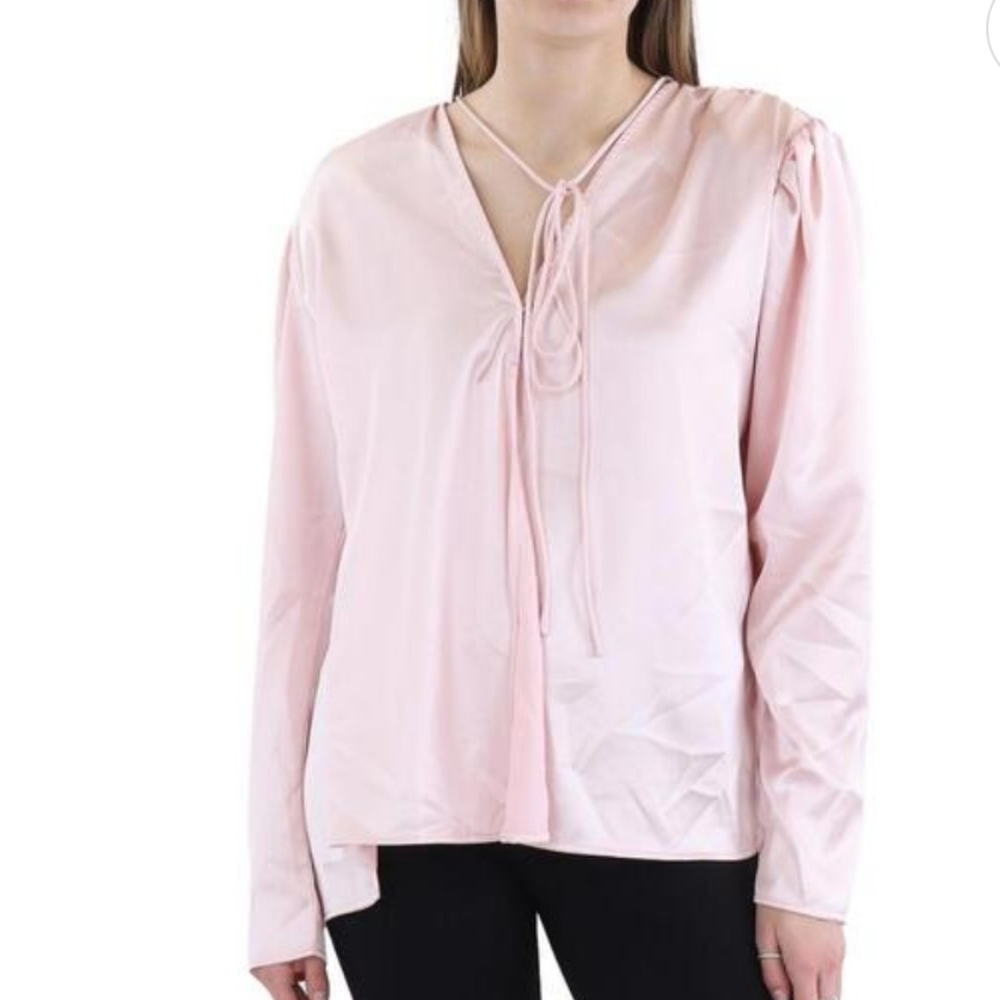 Beulah Womens Pink Wrap High Low Blouse Button-Down Top O/S-w/ Rose Pin